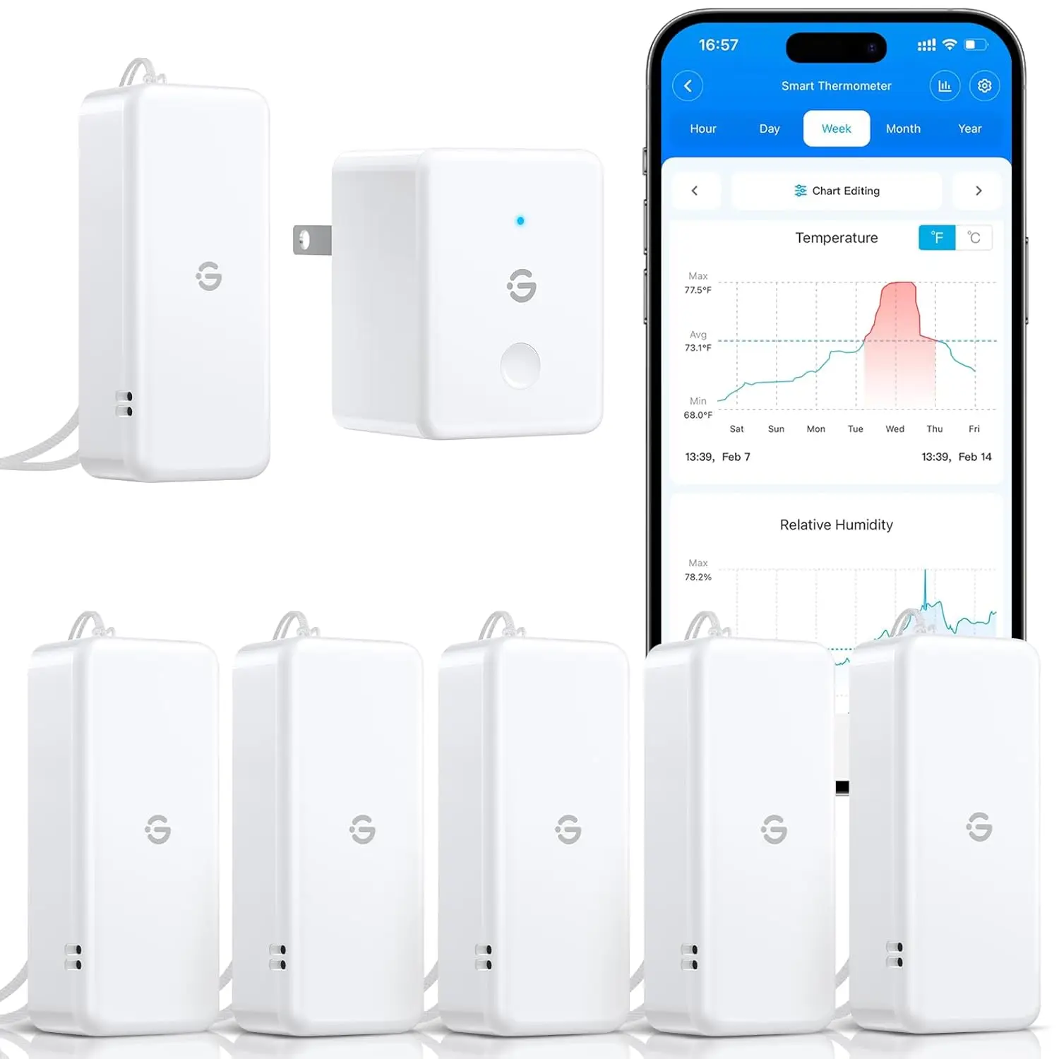 

Smart WiFi Hygrometer Thermometer 6 Pack with App Alerts for Home, Wine Cellar, Basement (2.4G Only)