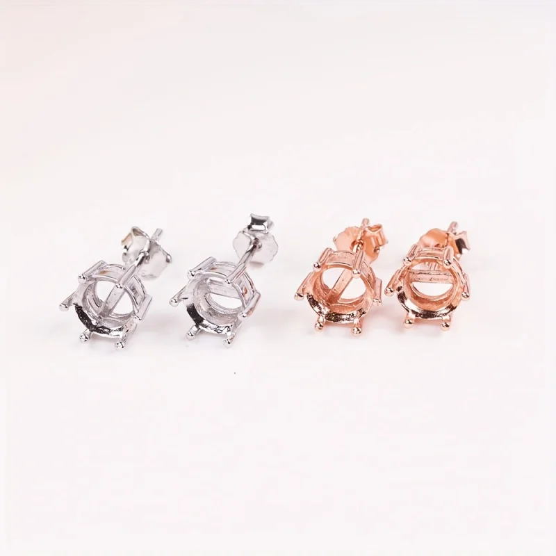 1Pair 4-8MM Round 6 Prong Rose Golden And Silvery Solid 925 Sterling Silver Studs Earrings Settings DIY Jewelry Supplies
