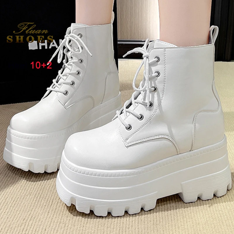 

2025 Women Knight Boots Thick Sole 10cm Internally Raised Heels 2cm Ankle Short Boots Lace Up Ladies Shoes Casual Platform Boots