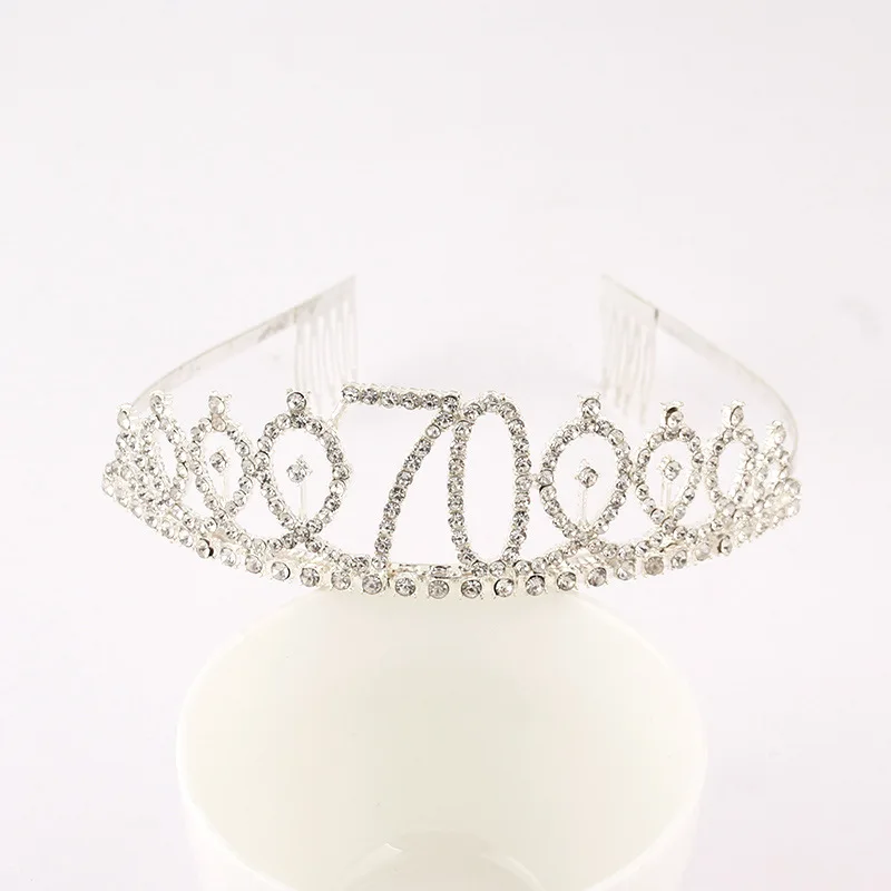 Silver 30 40 50 60 70 80 Rhinestone Birthday Tiara Crown Headband Women 30th 40th 50th 60th 70th 80th Birthday Decoration Gift