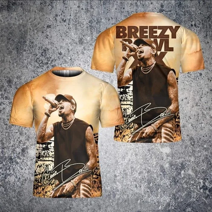 Pop Rapper Chris Brown 3D Printed T-shirt, Fashionable Men's and Women's Hip-hop Trend Short-sleeved T-shirt, Oversized Round-ne