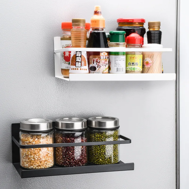 Magnet Fridge Shelf Kitchen Accessories Spice Holder Paper Towel Rack Black White Carbon Steel Home Hanging Storage Organizer