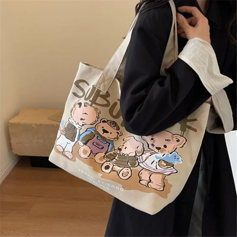

Cartoon Animal Print Canvas Tote Bag with Zipper Closure, Large Capacity Thicken Canvas Shoulder Bags for Women Shopping Travel