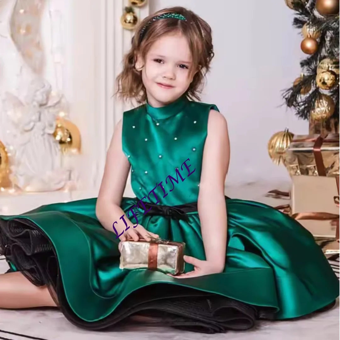 تخصيص رشيقة الرسن أكمام الساتان زهرة فتاة فستان الزفاف حفلة عيد ميلاد عطلة الاحتفال ثوب الكرة القصيرة