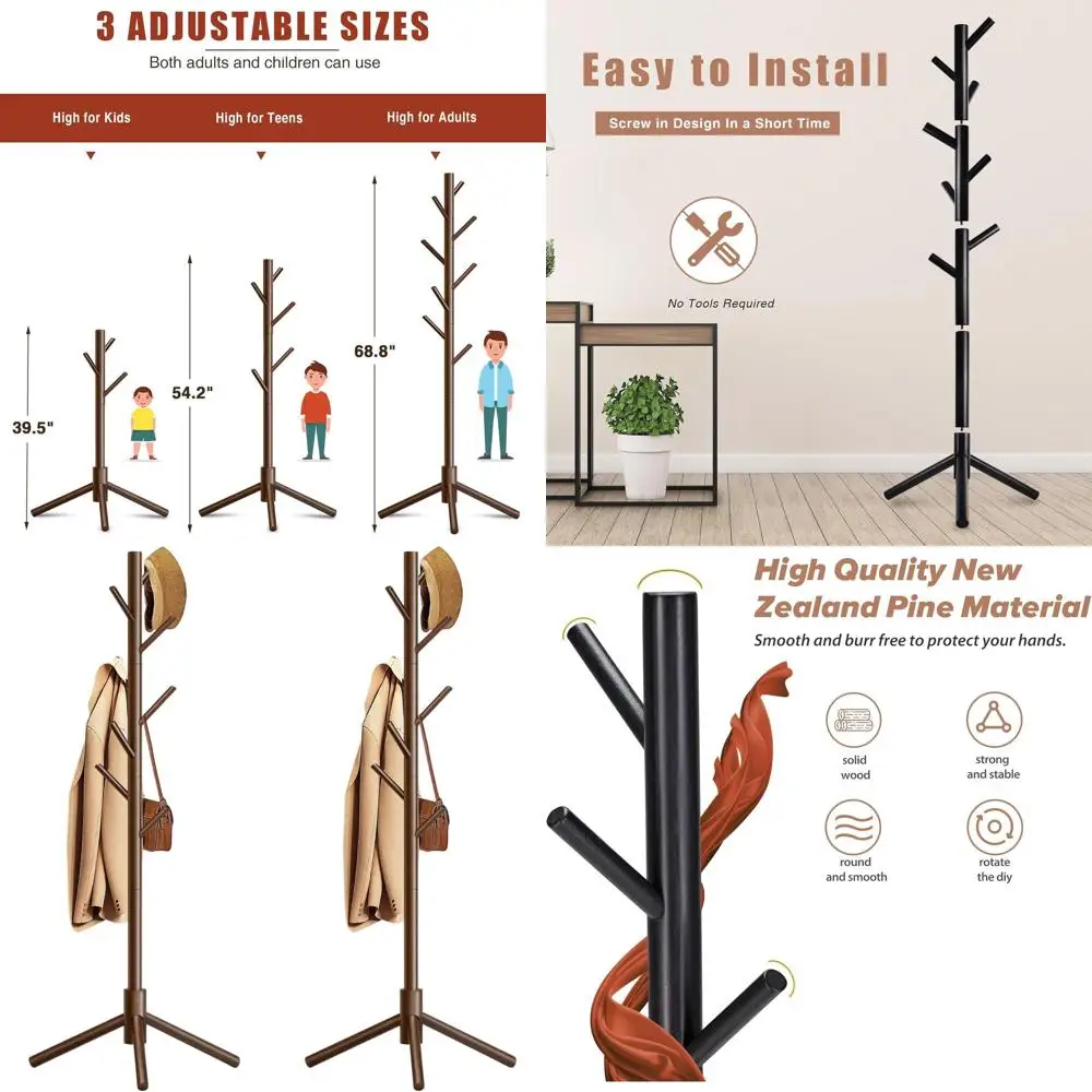 

Freestanding 8-Hook Coat Rack with 3 Adjustable Heights for Entryway, Bedroom, and Hallway (Brown, 2 Pack)