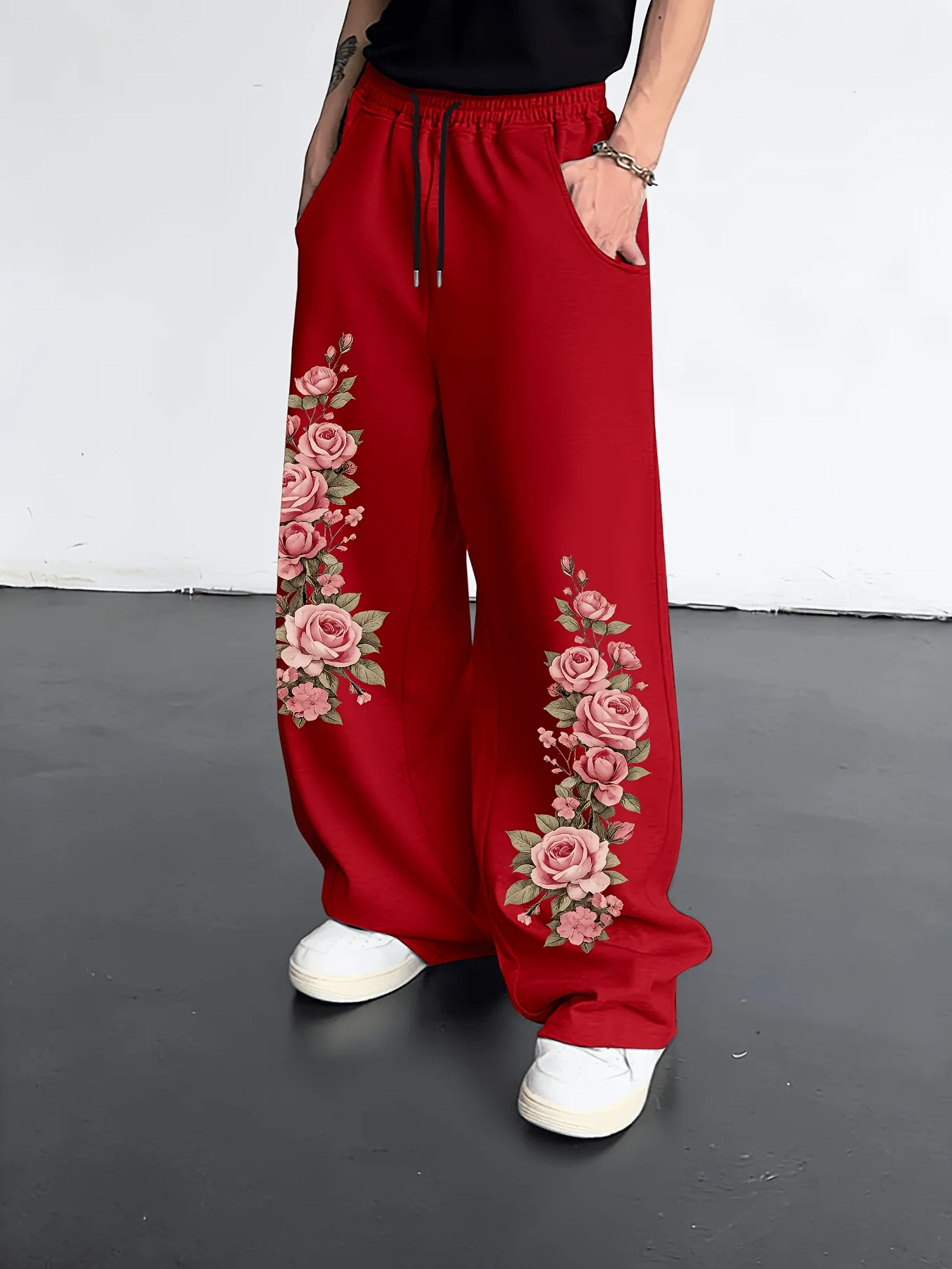 Men High Waist Drawstring Straight Leg Pants Vintage Double Side Draped Pink Rose Print Soft Comfort S-3XL