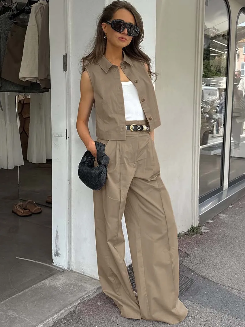 

Oymimi Fashion Brown Cotton Woman 2 Piece Set Outfit Elegant Lapel Sleeveless Single Breasted Shirts And Straight Trousers Sets