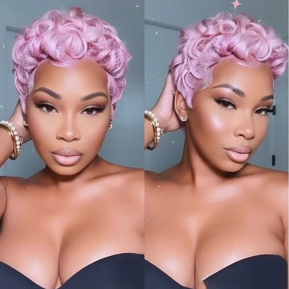 شعر مستعار بشري برازيلي مموج فضفاض، شعر مستعار قصير مجعد بقص عابث مع شعر مستعار بشري قصير مصنوع آليًا بالكامل