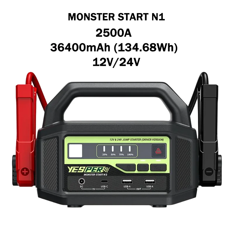 YESPER MONSTER START N1 Draagbare Auto Startkabels 12V/24V spanning 134.68Wh capaciteit Auto Noodstroomvoorziening Dooster Starter