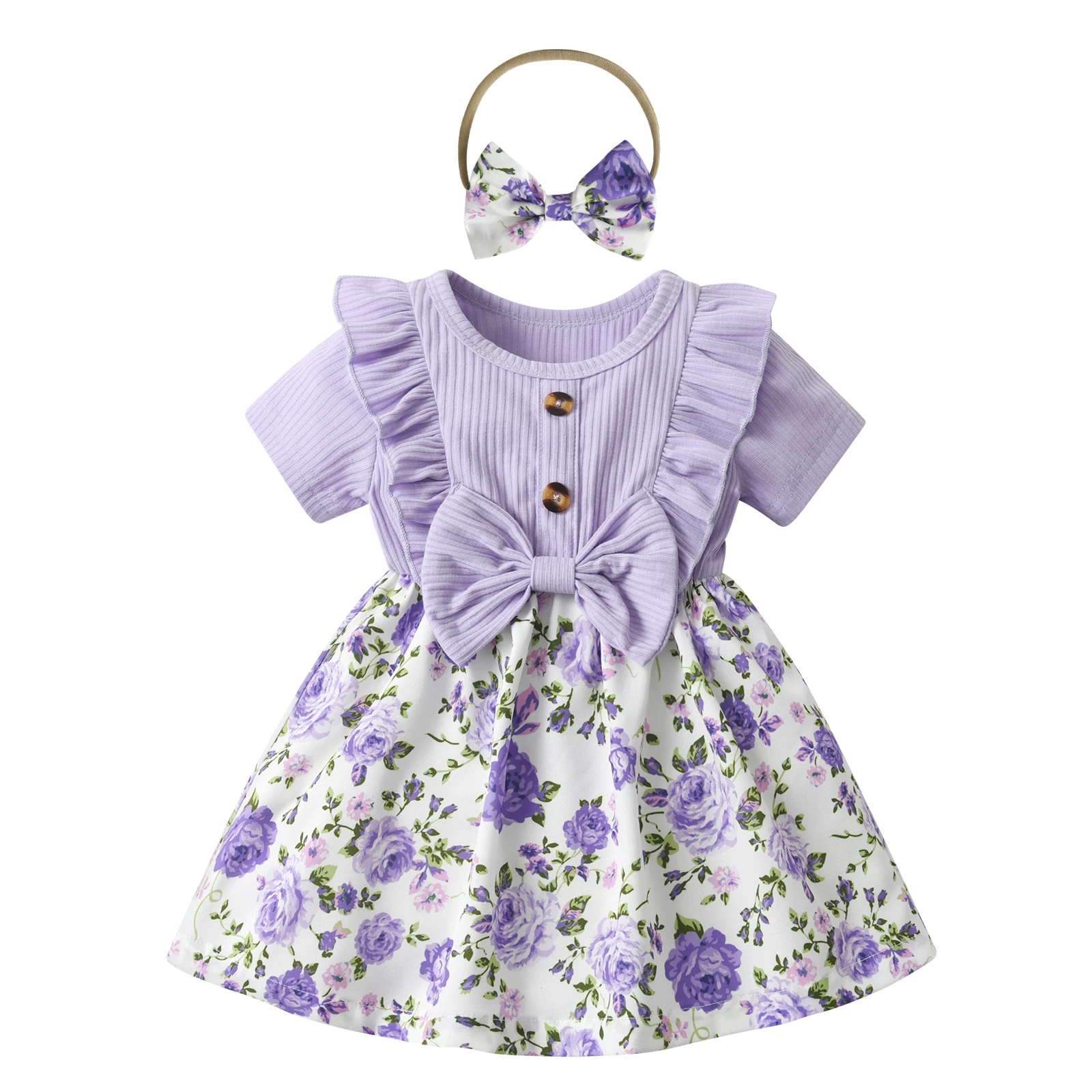 

Summer Toddler Baby Girl Dress Clothes For 0-24 Months New Fashion Patchwork Floral Print Dresses Come with Hairband Clothing