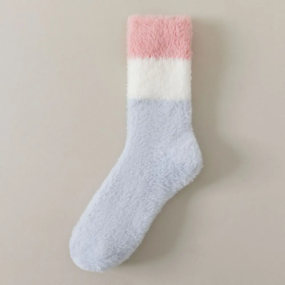 Calcetines gruesos y cálidos de lana color Coral para dormir, calcetines de felpa para el suelo de invierno, medias de retales a rayas, calcetines de tubo medio para mujer