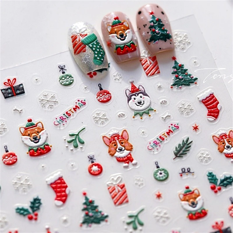 

Cute Dog Socks Snowflakes Gift Christmas Tree Santa Claus Cake Deer Snowman Bowknot Star Crystal Winter Nail Art Stickers Decals