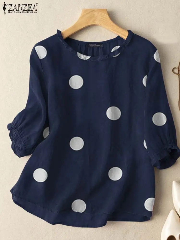 2023 Summer Polka Dots Printed Blouse Bohemian Ruffles Shirt Women O-Neck 3/4 Sleeve Beach Tops ZANZEA Female Elegant OL Blusas