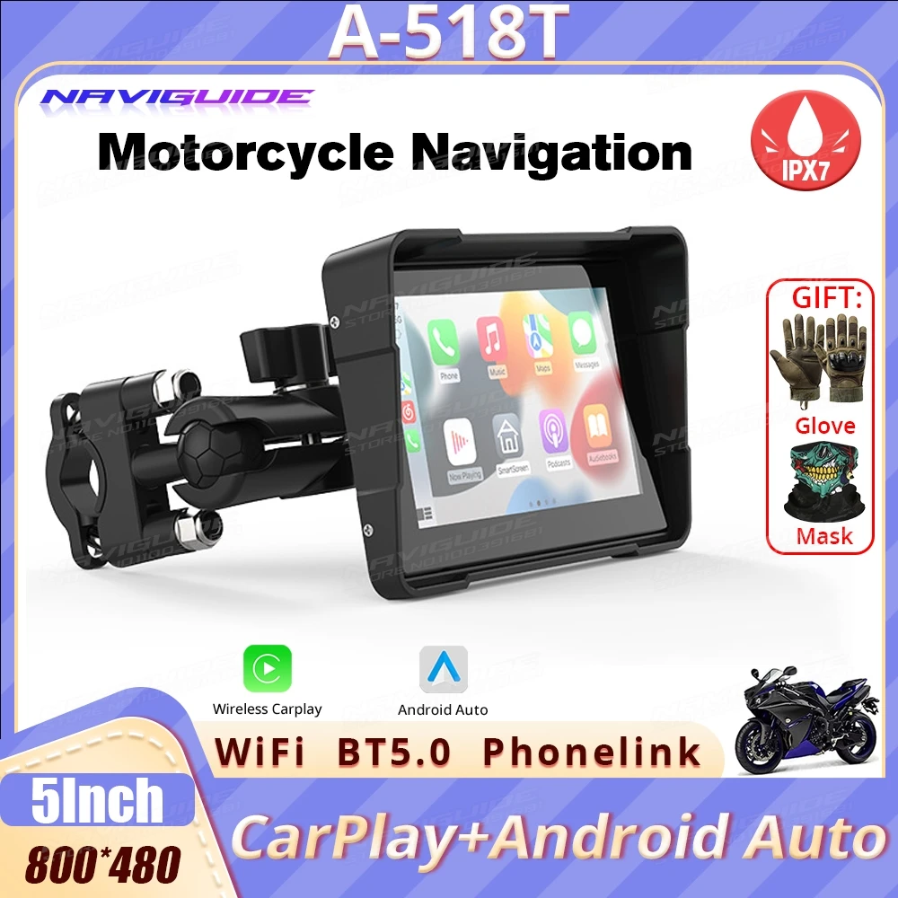 

NAVIGUIDE 518T 5'' Linux system carplay motorcycle Wireless CarPlay&Android Auto Portable Moto LCD Display IPX7 WiFi 800*480 BT