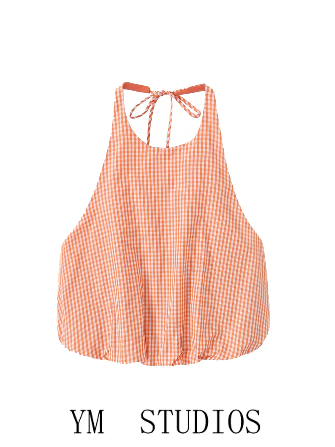 Women's Orange Plaid Neck Hanging Backless Short Top Summer Cool Breeze Style Loose Fit Polyester U-neck Vest Fashionable