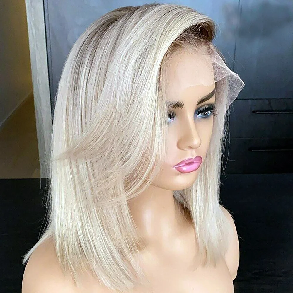 As Blonde Kleur Transparant 180% Dichtheid Volledig 13X4 Lace Frontale Pruik Menselijk Haar Blonde Korte Bob Menselijk Haar Pruik Voor Vrouwen