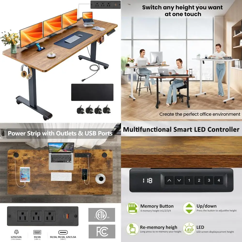 مكتب قائم كهربائي 63 × 24 مع منافذ، مكتب دوار مع لوحة ماوس كبيرة الحجم، 2 منفذ USB و3 منافذ طاقة، Adj مريح