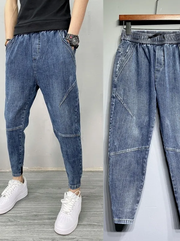 

Мужские джинсы слим-фит с эластичными манжетами, брюки-шаровары, модные синие джинсы длиной до щиколотки, весна-осень, стильные