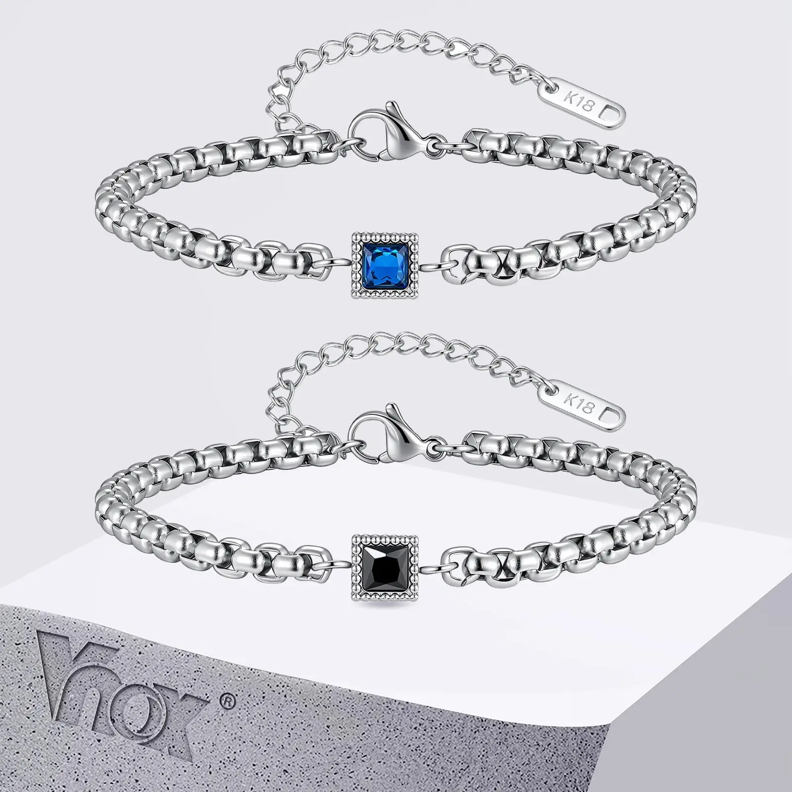Vnox Men's Square Black Blue Zircon Box Chain Bracelet, Stainless Steel Adjustable 18-23cm Link Wristband, Fashion Jewelry Gift