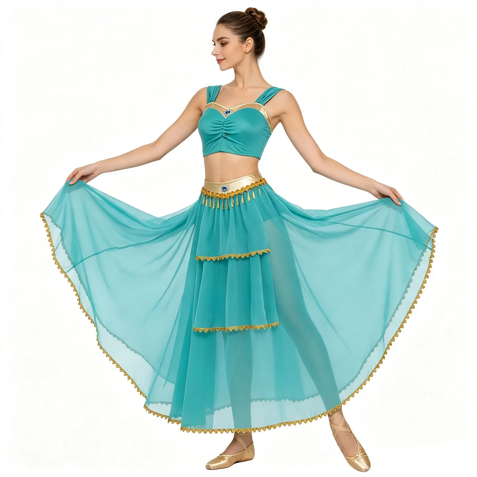 Disfraz de Princesa Árabe para Mujer para Halloween, Traje de Danza del Vientre Hindú, Top Corto con Decoración de Gemas y Falda Maxi de Chifón Transparente con Lentejuelas y Borlas