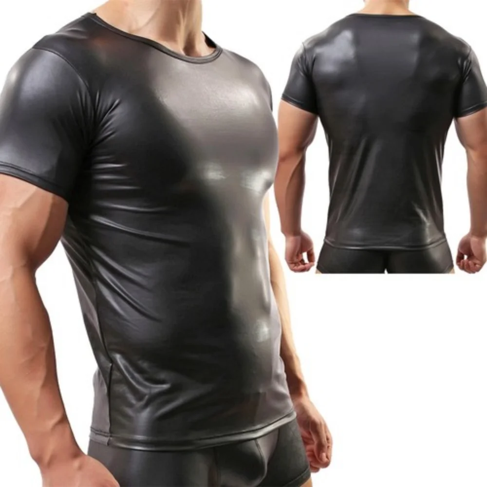Men Faux Leather T-Shirts Short Sleeve Night Tight Shirts Sexy Leather Slim Shirt Male Fetish Wear Undershirts Clubwear Tee Tops