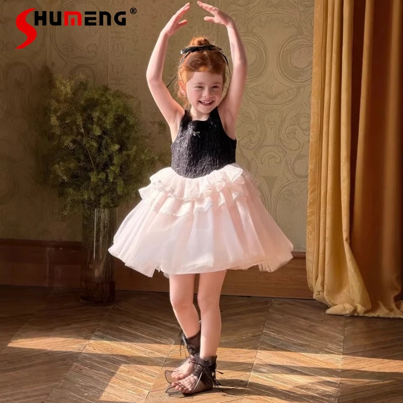 

Детское платье в балетном стиле для девочек, весна-лето 2026, новое, без рукавов, с кружевом и сеткой, повседневное