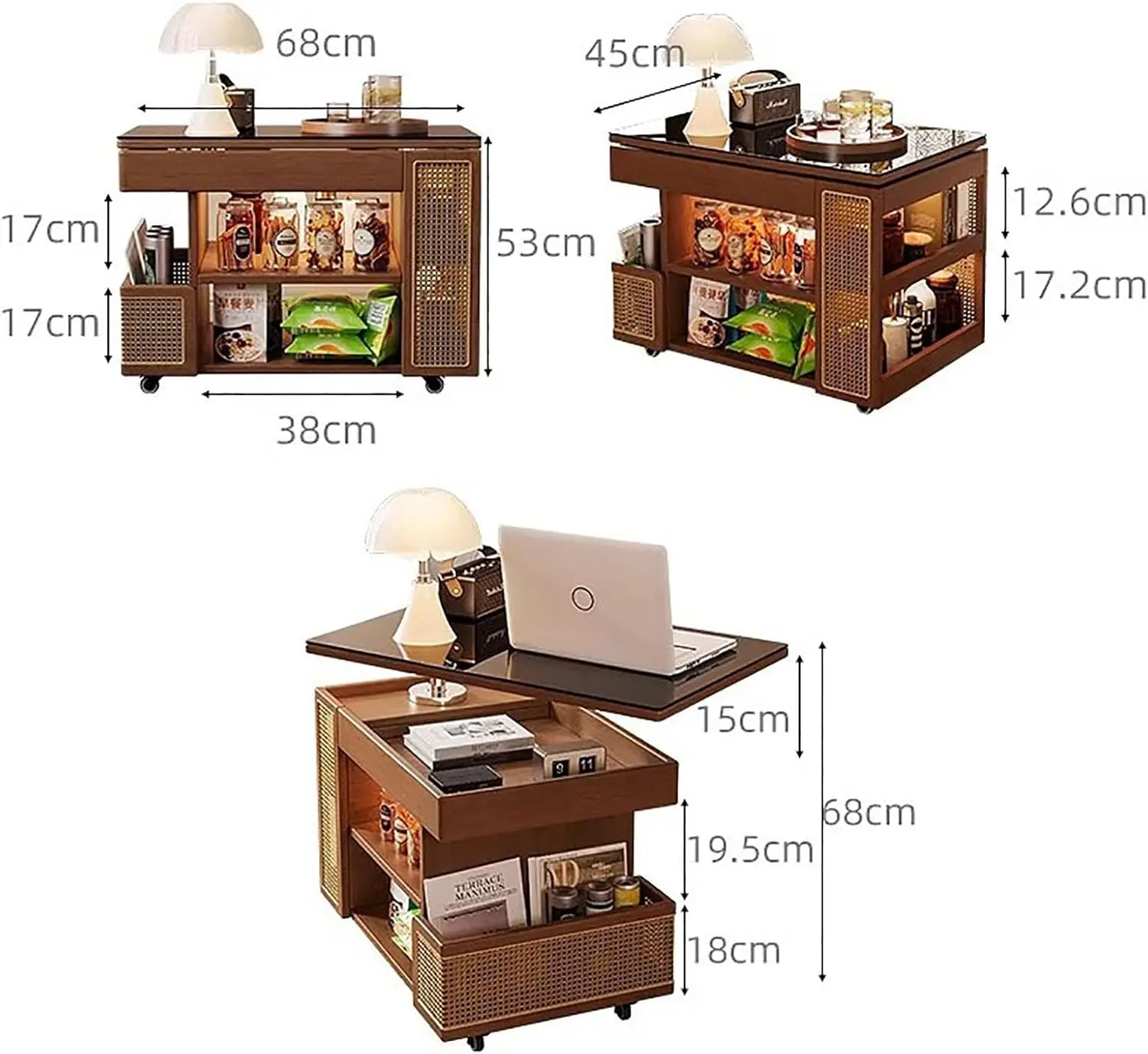 طاولة قهوة خشبية متنقلة، طاولة جانبية قابلة للرفع، عربة تروللي صغيرة للطاولة التي تنزلق أسفل غرفة المعيشة (27 × 17 × 21 بوصة)
