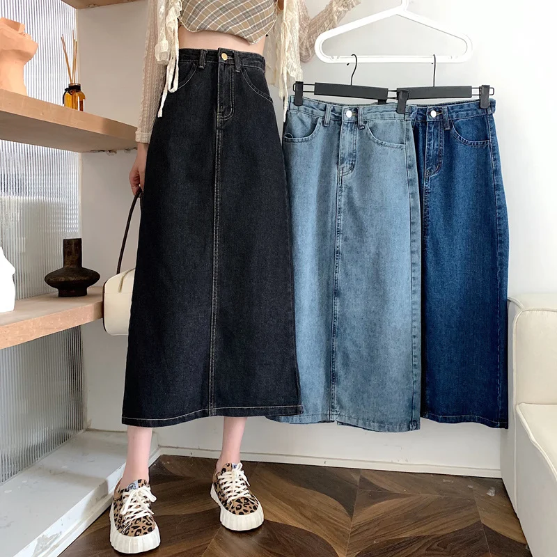 Spring Summer Medium Length Jeans Women Slim Fat Girl High Waist A- crotch Half Skirt Black Retro Blue Dark Blue
