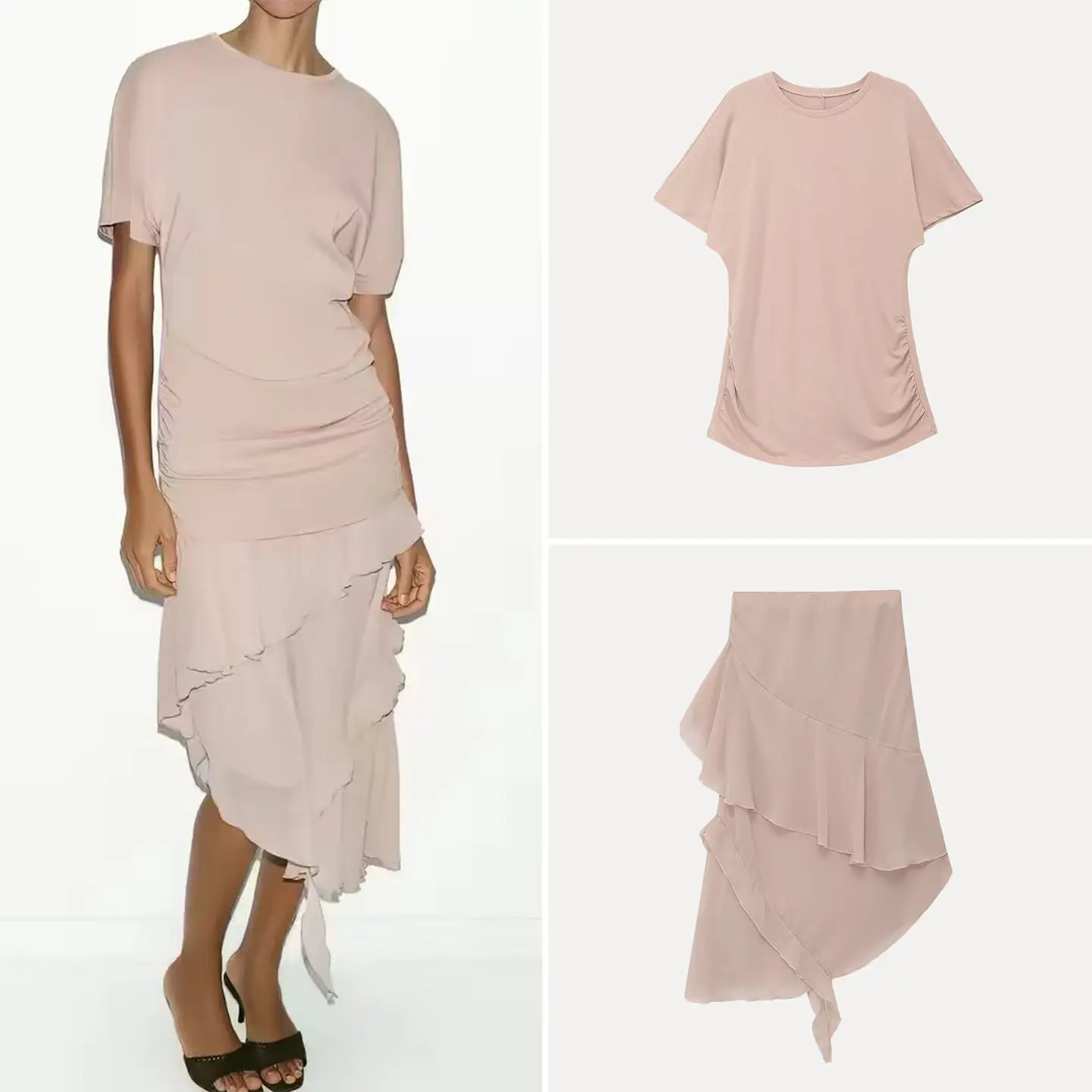 

Spring 2026 Women's Fashion round Neck Layered Splice Decoration Top Half Skirt Two-Piece Set Short Sleeve Casual Outfit
