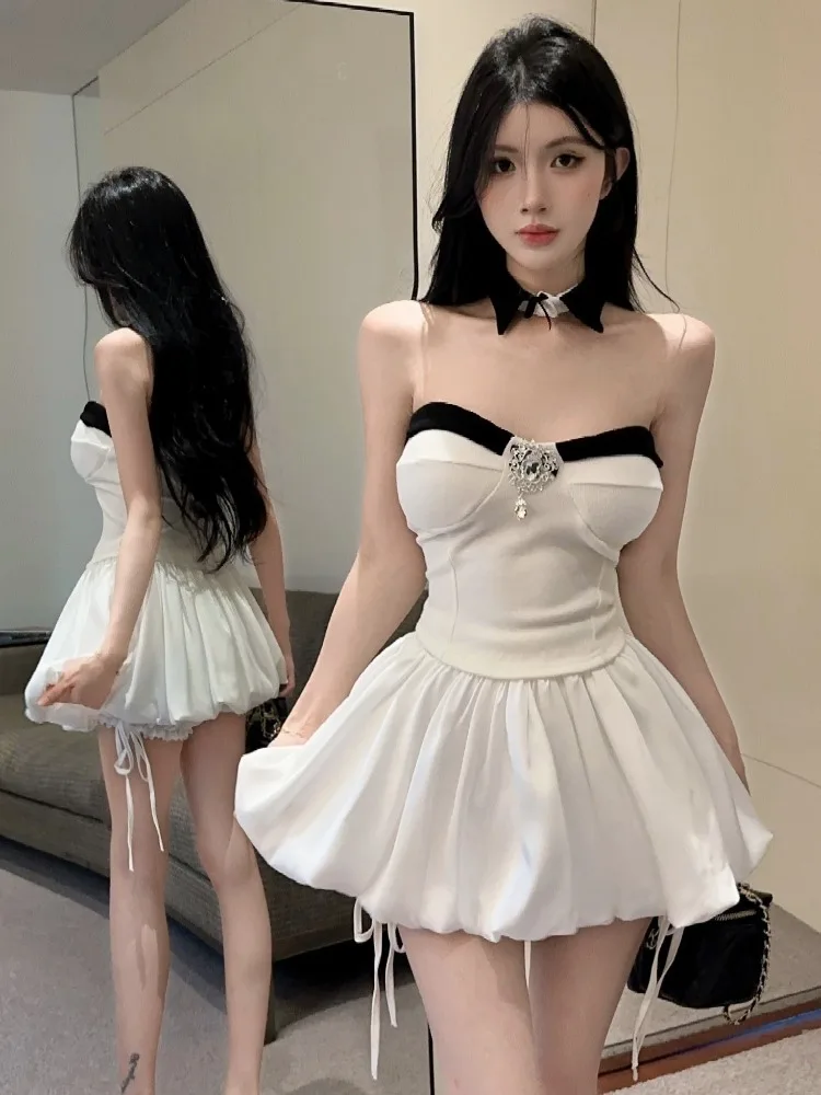 Slimming Design High Waist Satin Crop Top And Puffy Skirt Two-Piece Set for Women Autumn Winter Fashion Sweet Style Casual Wear