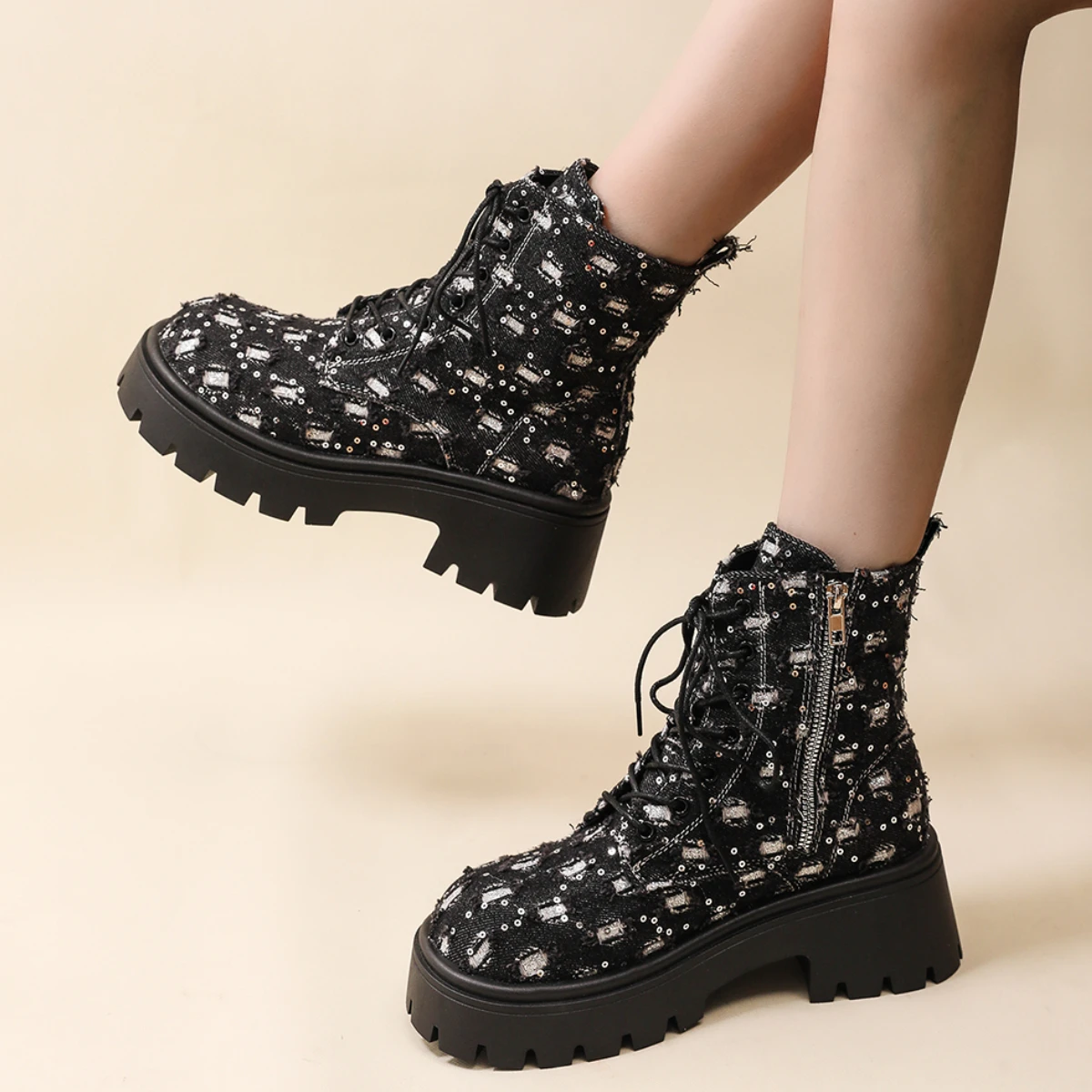 Women Boots Platform Mid Calf Combat Boots Women Chains Metal Decoration Gothic Rave Shoes Cosplay Accessories Goth Shoes Women