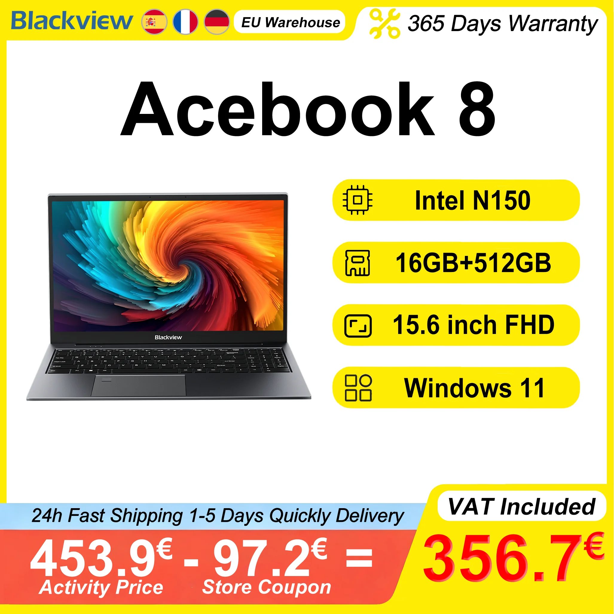Blackview AceBook 8 laptop 15,6" FHD IPS Intel N150 16GB RAM 512GB SSD + uitbreiding tot 1TB Windows 11 Home Intel UHD Graphics