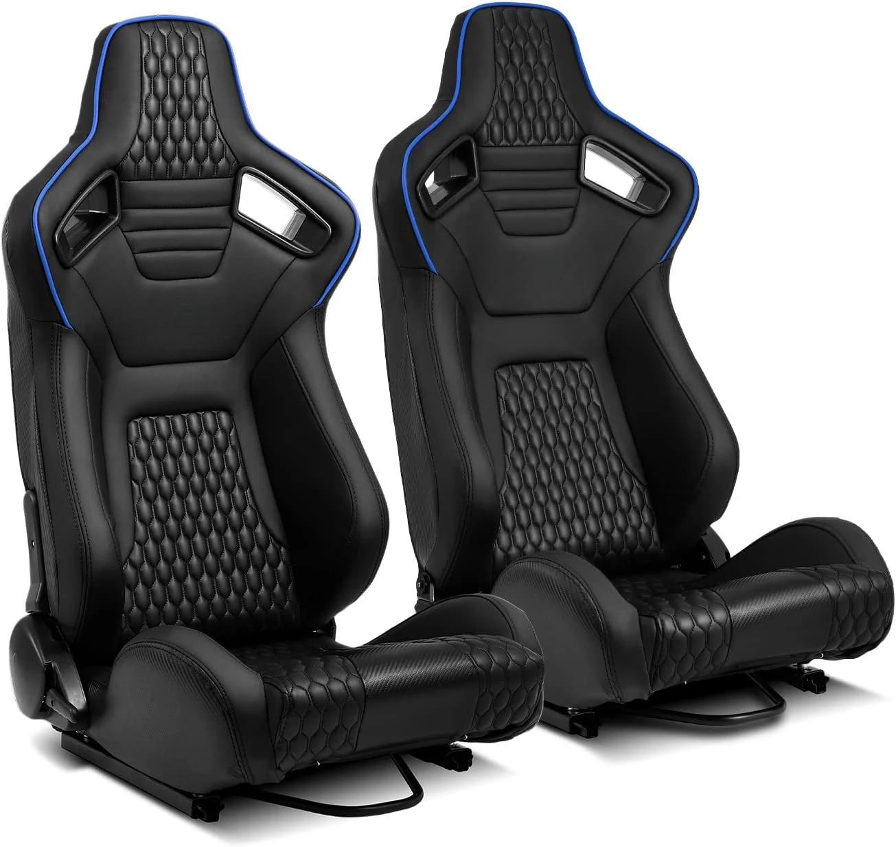 Pair of All Black PVC Snake Pattern+Blue Stitching & Rear Carbon Fiber Style leather Reclinable Racing Seats W/Silders