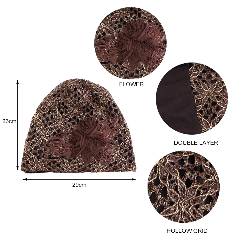 Thin Lace Turban Caps Pullover Hat For Women Muslim Beanie Sequins Flower Headscarf Bonnet Lady Hair Loss Cancer Chemo Hats