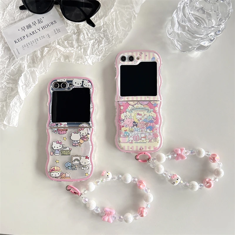 Cute Cartoon Sanrio Family Hello Kitty Phone Case For Samsung Galaxy Z Flip 6 5 Soft TPU Cover For Z Flip 3 4 With Lanyard