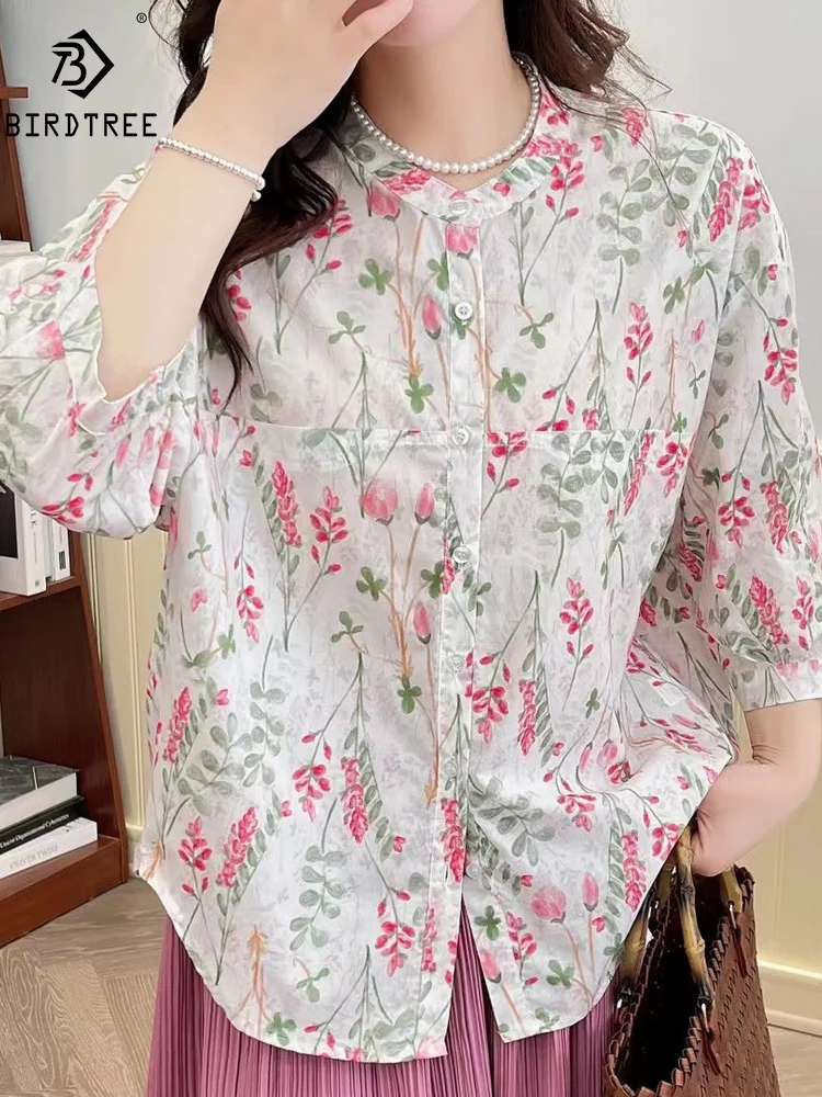 

New Spring Cotton Casual Retro Shirt Women Half Sleeve Stand Neck Floral Top Girl OL Loose Sweet Blouses 2024 Summer T447117QM