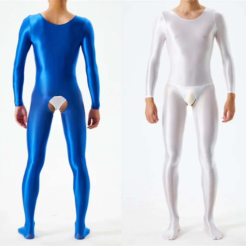 الرجال النفط لامعة لامعة بوديستوكينج كم طويل الجسم بذلة مثير Crotchless ارتداءها الملابس الداخلية مفتوحة المنشعب المثيرة Lingeri رومبير