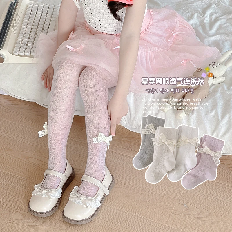 Lovely Girls Mesh Lace Bow Design Footed Pantyhose Lightweight Hollow Breathable High Elastic Comfortable Tights For All Season