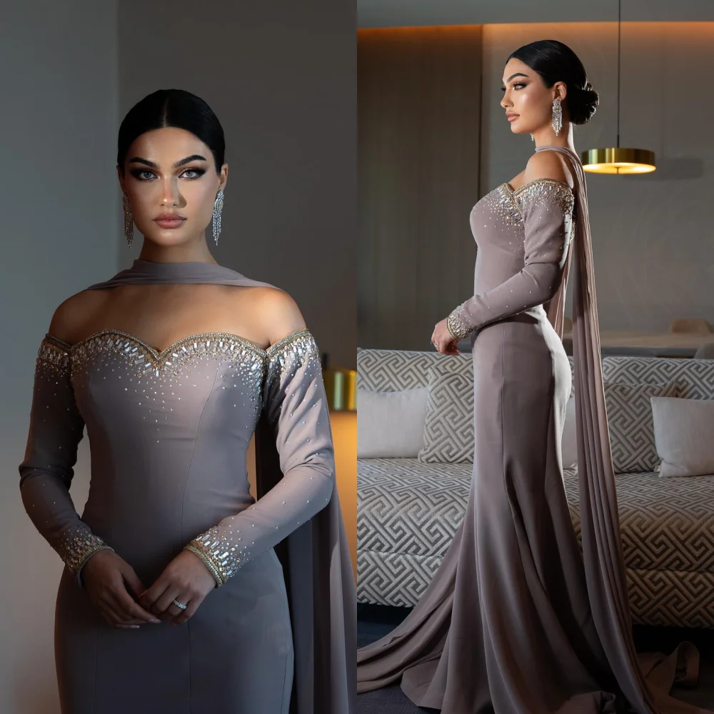 

High Quality Casual Jersey Rhinestone Sequined Pleat Draped Mermaid Off-the-shoulder Long Dresses Homecoming Dresses Classic