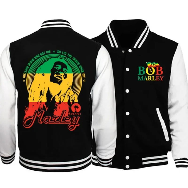 Fashion Singer Bob Marley  Baseball Uniform Hoodies Hiphop Rapper Black Reggae Music Jacket  Sweatshirts