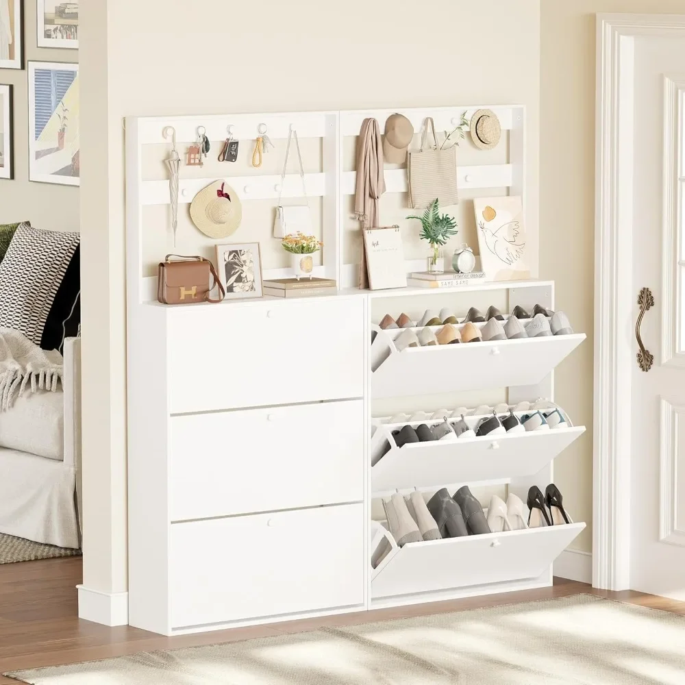 Shoe Cabinet Set of 2 with 3 Flip Drawers, Narrow Shoe Cabinet with 9 Hooks Coat Rack, Freestanding Shoes Storage Cabinets