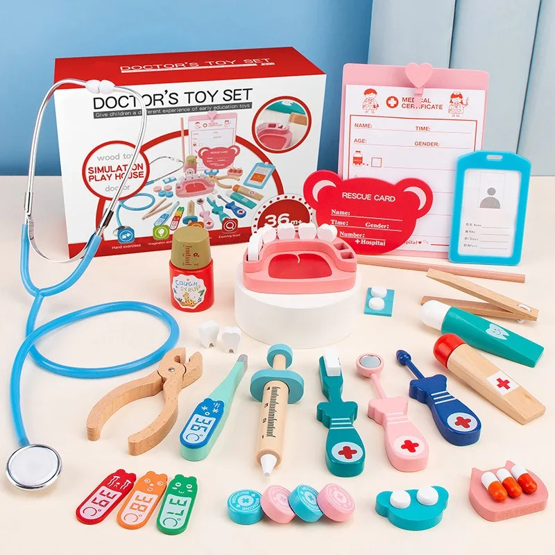 

Wooden Children Doctor Set Dentist Pretending Game Simulation Toothbrush Teeth Kit Montessori Educational Toys Play House Toys