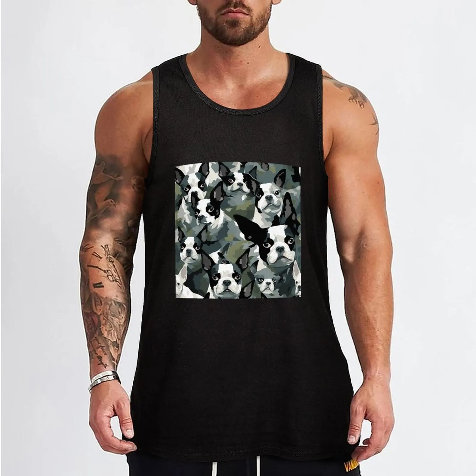 Boston Terrier in camouflage pattern Tank Top men gym clothing bodybuilding gym t-shirts man summer 2024