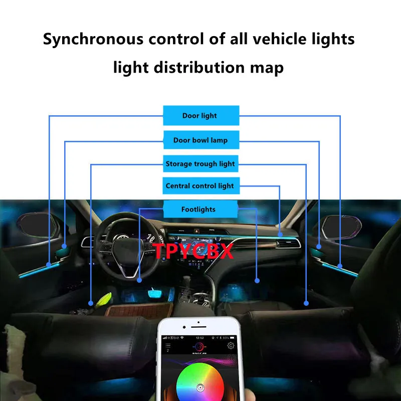 Universal 18 In 1 Dual Zone LED Car Ambient Light RBG 64 Color Interior Acrylic Strip Backlight Guide Decoration Atmosphere Lamp