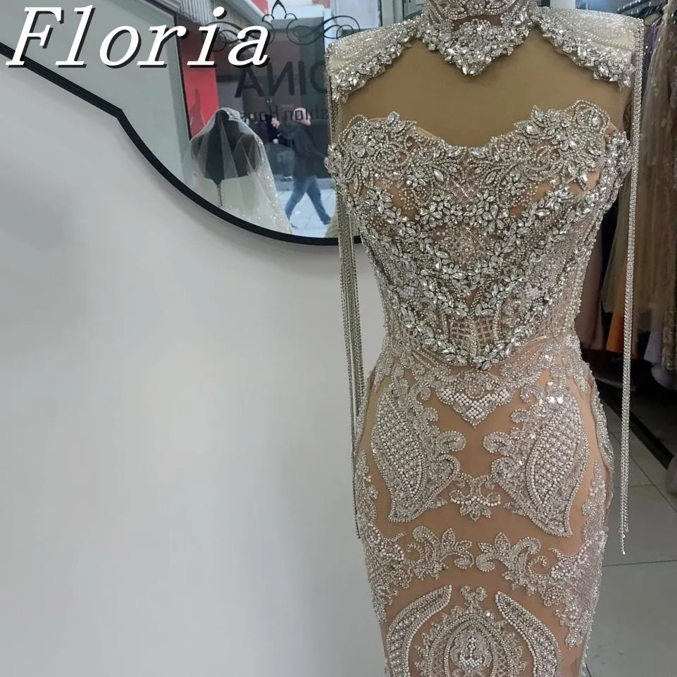 งดงามคริสตัล Rhinestones Mermaid ชุดราตรียาวพู่ดูไบผู้หญิงลูกปัดหมวก Gowns แต่งงานอย่างเป็นทางการ