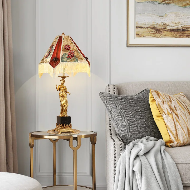 French Style Brass Table Lamp Villa Hotel Project Room Bedsied Decoration Luxury Fabric LampShade Copper Led Desk Light