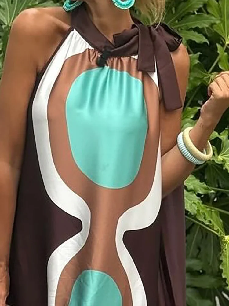 ฤดูร้อนหรูหรา O-คอผูกเชือกชุดวันหยุดผู้หญิงลำลองแขนกุดหลวมชุดเดรสแฟชั่นรูปแบบพิมพ์โบเฮชุดยาว