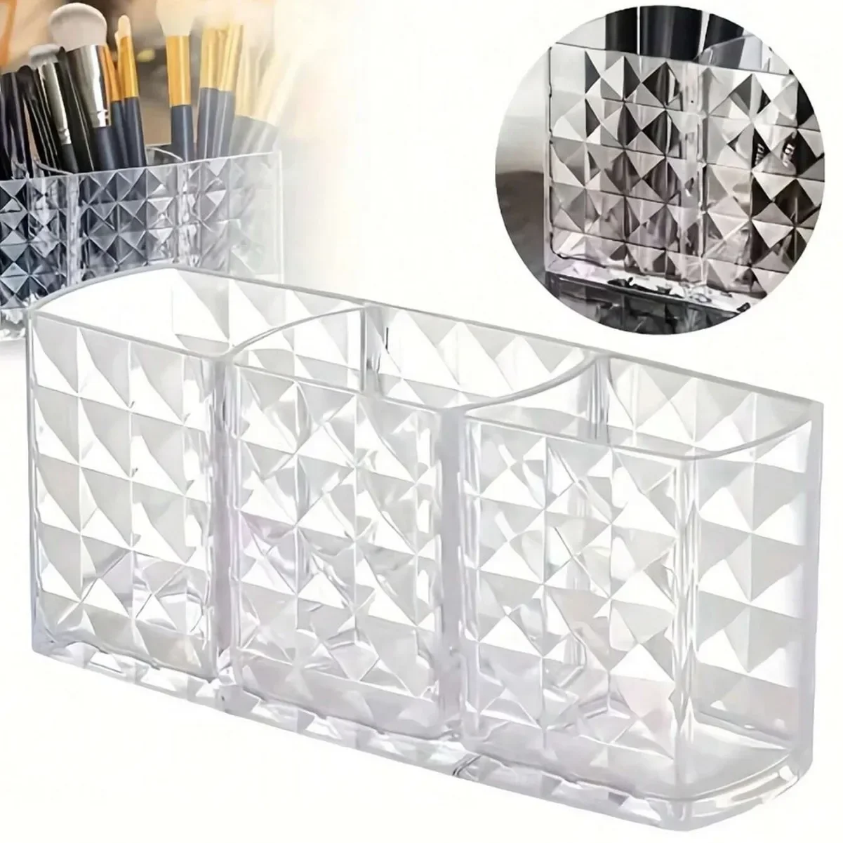 Porte-brosse de maquillage en acrylique transparent à trois grilles, boîte de rangement de maquillage de bureau, boîte de rangement de rouge à lèvres, boîte de perles 1 pièce