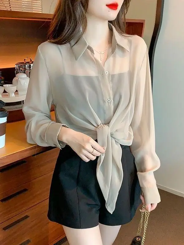 

Casual Chiffon Sun Protection Shirt Short Sleeveless Collar Long Sleeve Women's Loose Fit Commute Style Color Summ...