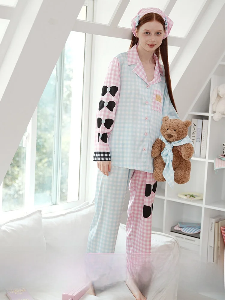 RooMance Sweet  Knot Ice Silk Sleepwear Women's Summer Outdoor Wearable Home Clothes Set Soft Loose Fit Short Sleeve